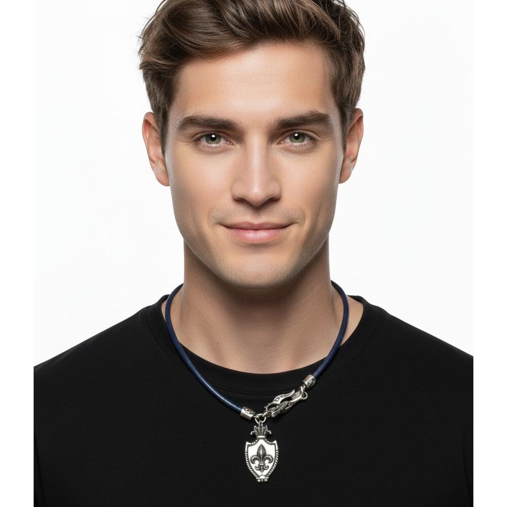 Stigma Mens Navy Blue Cord Necklace Silver Tone Fleur-de-Lis Shield Pendant NWT